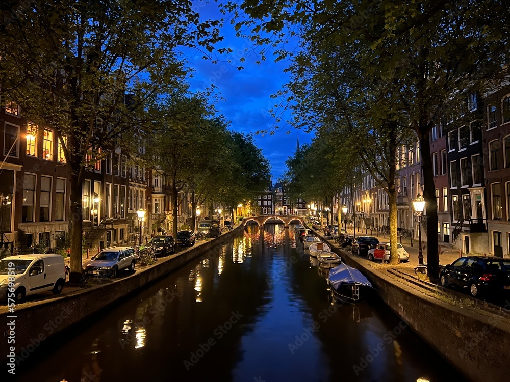 Water Canal In Amsterdam At Night