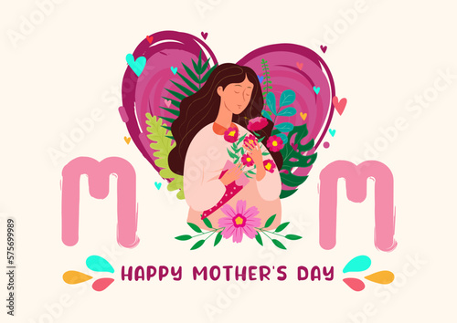 Postal del Día de la Madre con elementos voladores rosas, corazones para el diseño de tarjetas de felicitación photo