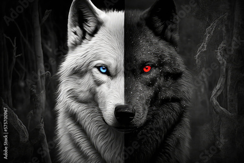 Wolf Head Portrait half white with blue eyes and half black with red eyes made with generative ai photo