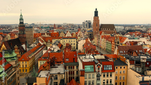 Aerial view of Wroclaw city, Poland. Wroclaw city skyline. Wroclaw city with Old Town buildings, Poland