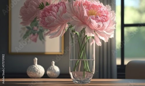  a vase with pink flowers on a table in front of a window. generative ai