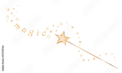 Decorative magic wand with a magic trace. Star shape magic accessory. Magical girl cartoon power. Vector illustration isolated on white background. Web site page and mobile app design
