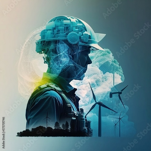 Renewable Energy in Action: Worker Inspecting Wind Turbines