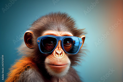 Monkey.A close up shot of a cute monkey with blue sunglasses.Portrait.Front view face model.isolated blue background.Copy space.Created with generative ai © leo10
