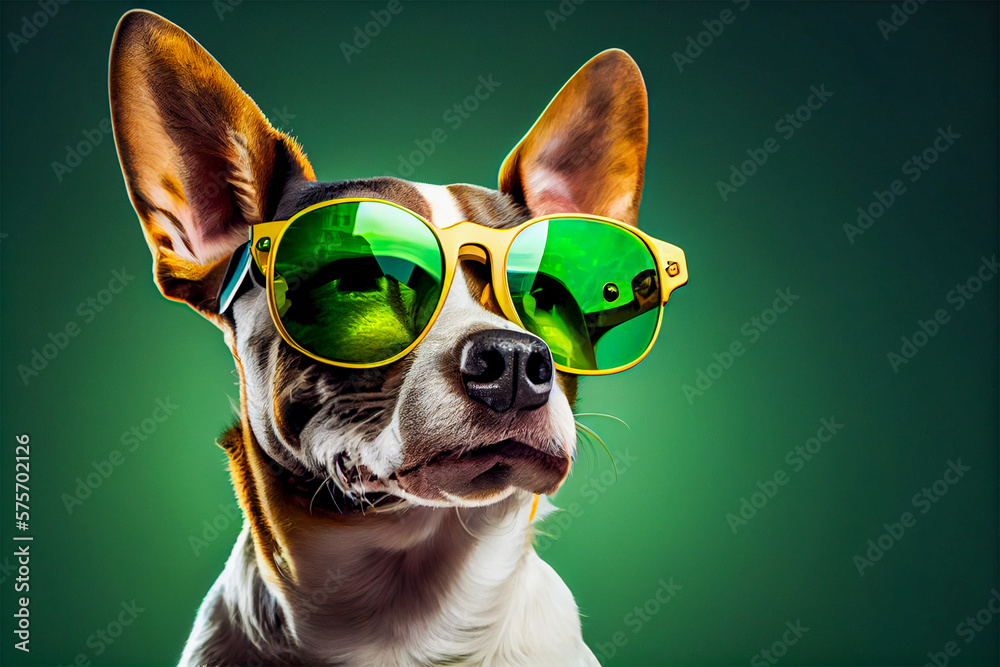 Dog.A close up shot of a cute dog with green sunglasses.Portrait.Front view face model.isolated green background.Copy space.Created with generative ai