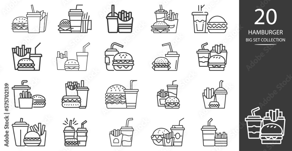 Fast food icon set. Hamburger, french fries and soft drink glass, Symbols of street food. Restaurant concept. Flat design on white background. Fast food icon set. Hamburger, french fries and soft drink glass, Symbols of street food. Restaurant concept. Flat design on white background.