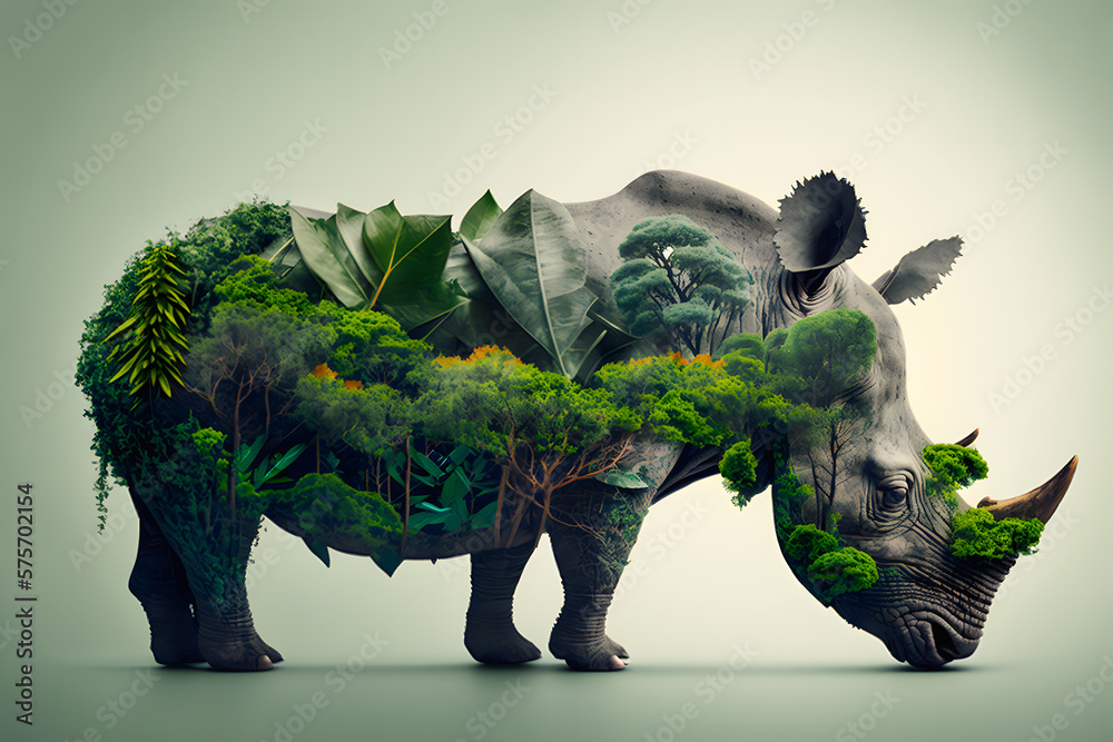 Muzzle of rhinoceros profile silhouette with leaves of tropical vegetation of exotic forests. The concept of protecting animals and vegetation environment. Generative AI - obrazy, fototapety, plakaty 
