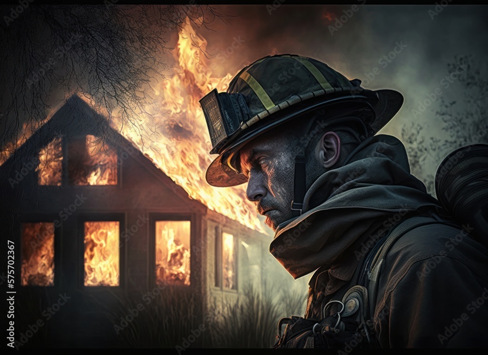 Portrait of fireman behind of burning house. Generative AI.