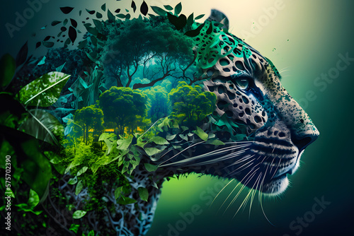 Muzzle of leopard profile silhouette with leaves of tropical vegetation of exotic forests. The concept of protecting animals and vegetation environment. Generative AI © aapsky