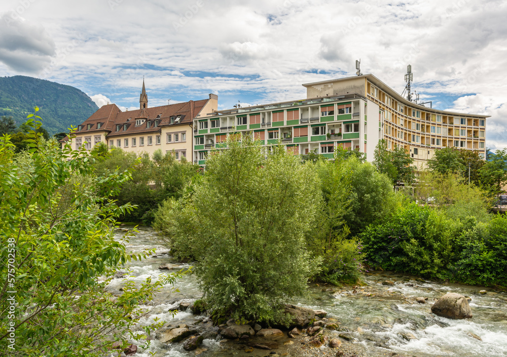 historic Palaces along the river of the Passer on the Tappeiner promenade in the city of Merano in South Tyrol, Bolzano province - Trentino Alto Adige, northern Italy