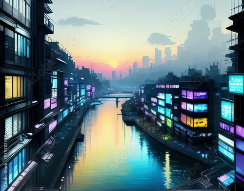 Cyberpunk city, neon lights landscape created with generative ai technology