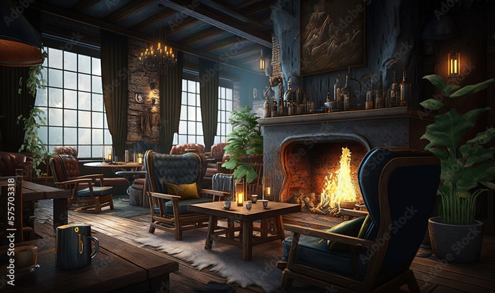 a living room with a fire place in the middle of it. generative ai a living room with a fire place in the middle of it. generative ai