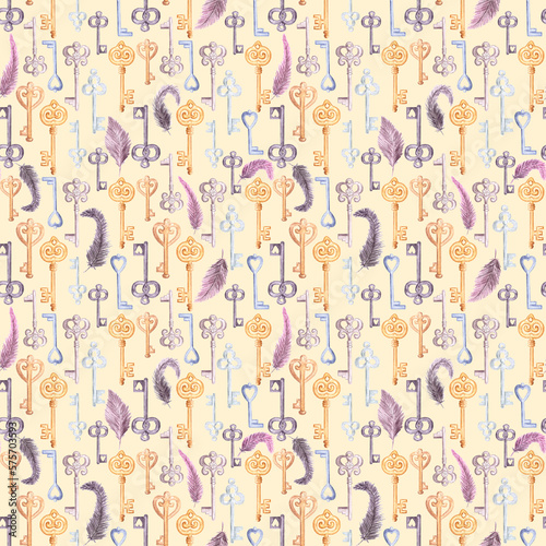 Watercolor seamless pattern with multicilored metal old fashioned vintage style keys and delicate feathers on beige orange background.Aquarelle design for print wrapper, fabric, cards