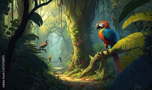  a painting of a parrot sitting on a branch in a jungle.  generative ai © Olga