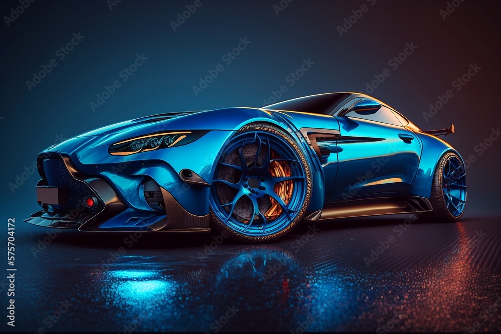 Cool blue generic sports car in a dark studio background illustrated with generative AI - obrazy, fototapety, plakaty 