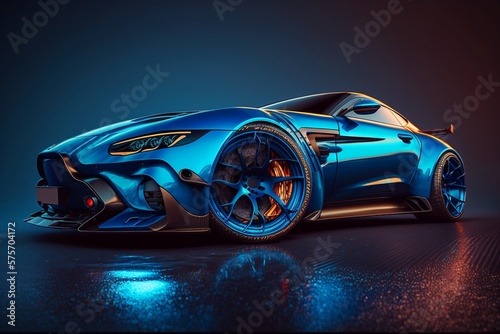Cool blue generic sports car in a dark studio background illustrated with generative AI