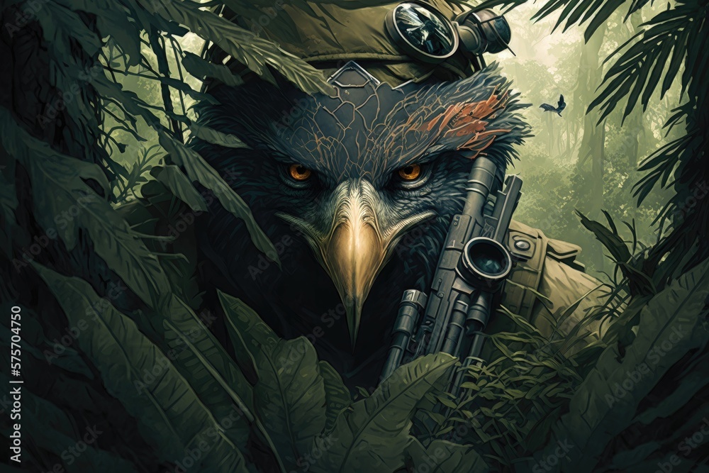 Eagle face sniper in jungle. Generative AI - obrazy, fototapety, plakaty 