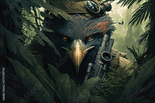 Eagle face sniper in jungle. Generative AI photo