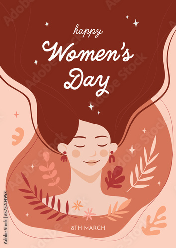 Cute Hand Drawn Illustration Of Happy Young Girl With Long Brown Hair. Muted Neutral Colors. Floral Elements. Vector Graphic Ideal For Women’s Day Greeting Card, Poster, Flyer, Advertisement.