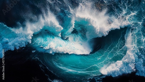 Spectacular aerial top view background photo of ocean sea water white wave splashing in the deep sea