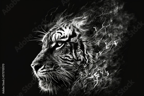 Tiger's head with flames erupting from its mouth. Black and white artwork. Generative AI