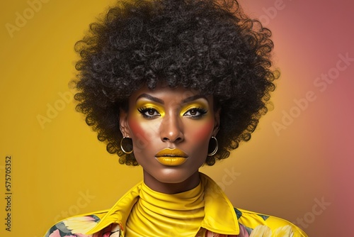 Black woman with retro 80's style. Yellow Background Generative ai