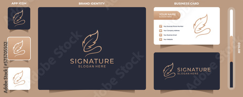 letter S and quill signature. Minimalist feather ink logo template. with subtle color styles and business cards photo