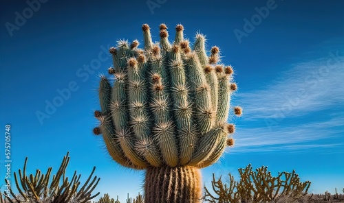  a large cactus in the middle of a desert with a blue sky in the background.  generative ai