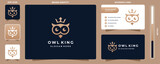 Owl king line art logo vector, with golden color style and business card template