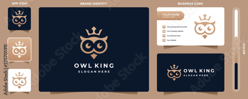 Owl king line art logo vector, with golden color style and business card template