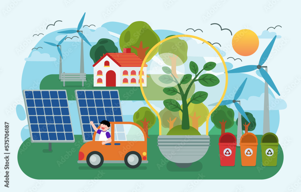 The children using renewable energy earth day vector The children using renewable energy earth day vector