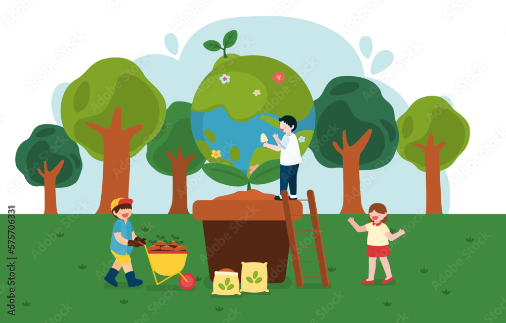 Children help to plant trees on happy earth day vector
