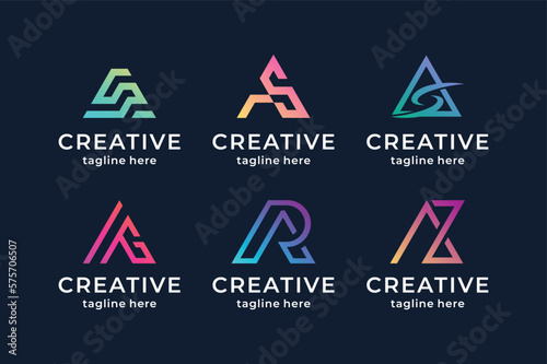 Set of gradient letter A logo design. initial A for symbol tech, internet, system, Artificial Intelligence and computer. modern logo design inspiration.