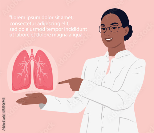 African-American doctor, pulmonologist, phthisiologist in a medical form, pointing with a hand to the lungs of a person. Treatment or diagnosis of tuberculosis, pneumonia, lung cancer.