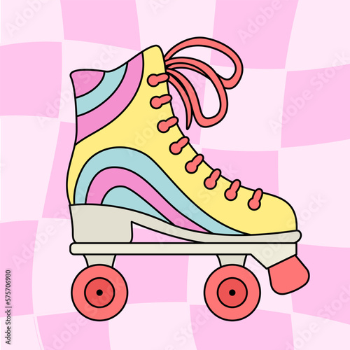 Roller skate. Groovy sticker in trendy retro style. Nostalgia for the 90s.