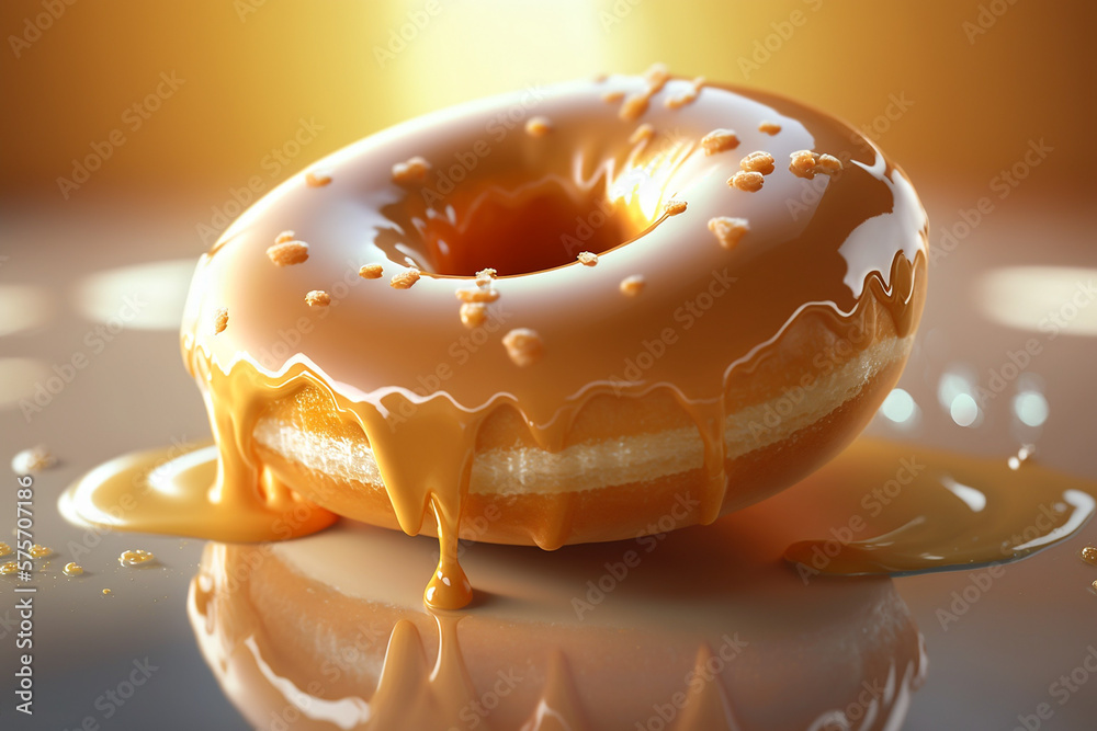 Yellow donut topped with caramel icing, glazed doughnut closeup with