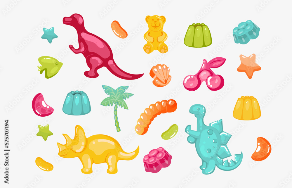 Jelly bear, dinosaur gummy,  Isolated vector objects on a white background. cartoon food gummies