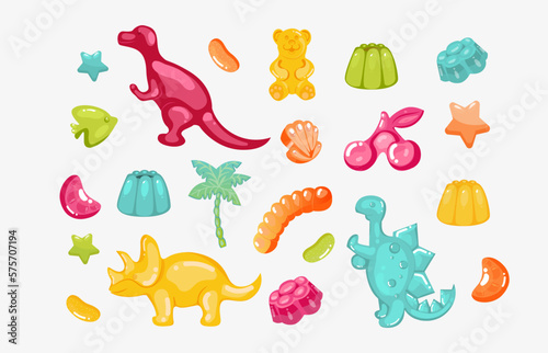 Jelly bear, dinosaur gummy,  Isolated vector objects on a white background. cartoon food gummies