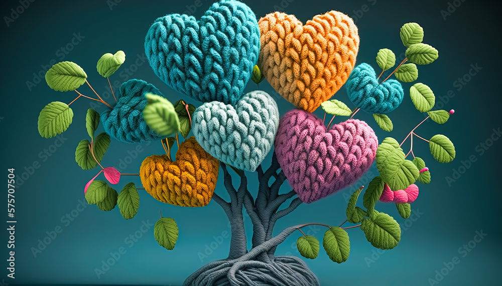 Generative AI illustration of a Creative Colorful Knitted Hearts-Shaped Plant on Blue Background Generative AI illustration of a Creative Colorful Knitted Hearts-Shaped Plant on Blue Background