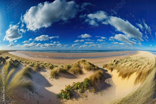 North Sea beach and dunes in the background of a panoramic landscape banner bathed in blue sky, clouds, and sunlight. Generative AI