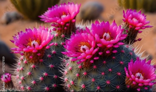  a group of pink flowers on top of a green cactus.  generative ai