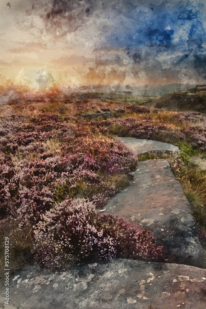 Digital watercolour painting of Absolutely beautiful sunset landscape image looking from Higger Tor in Peak District across to Hope Vally in late Summer with heather in full purple bloom