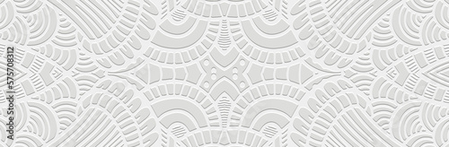 Banner, decorative cover design. Embossed geometric 3d pattern on a white background. Ornaments handmade East, Asia, India, Mexico, Aztecs, Peru. Ethnic boho motifs.
