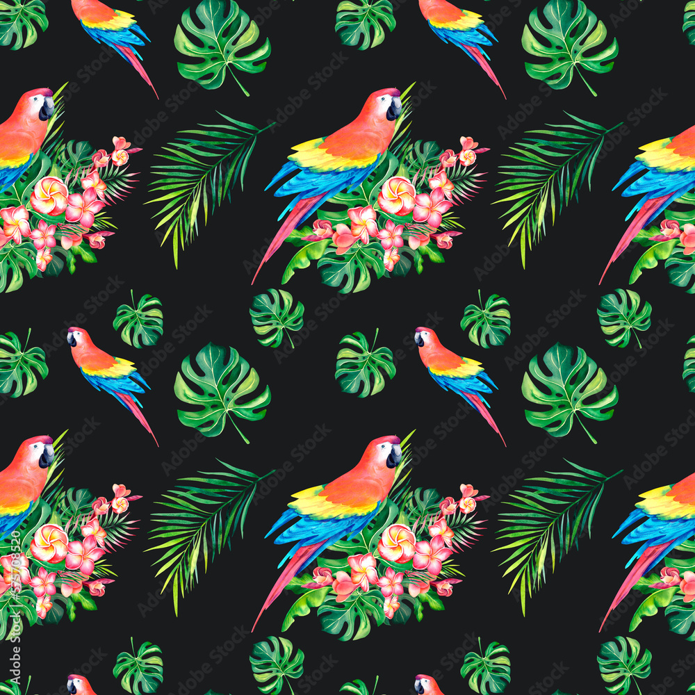 A pattern of tropical macaws. Watercolor illustration. Monstera. Plumeria. Home decoration. Rainforest.