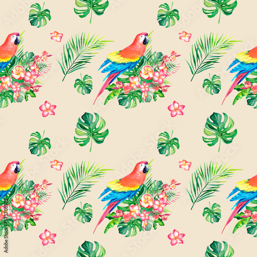 A pattern of tropical macaws. Watercolor illustration. Monstera. Plumeria. Home decoration. Rainforest.