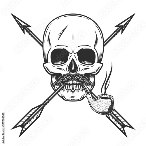 Skull smoking pipe with mustache with vintage hunting arrow in monochrome style isolated vector illustration with design element for label or sign and emblem