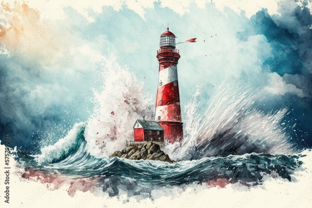 A red and white lighthouse stands out against a blue sky and crashing waves in this watercolor scene. Generative AI