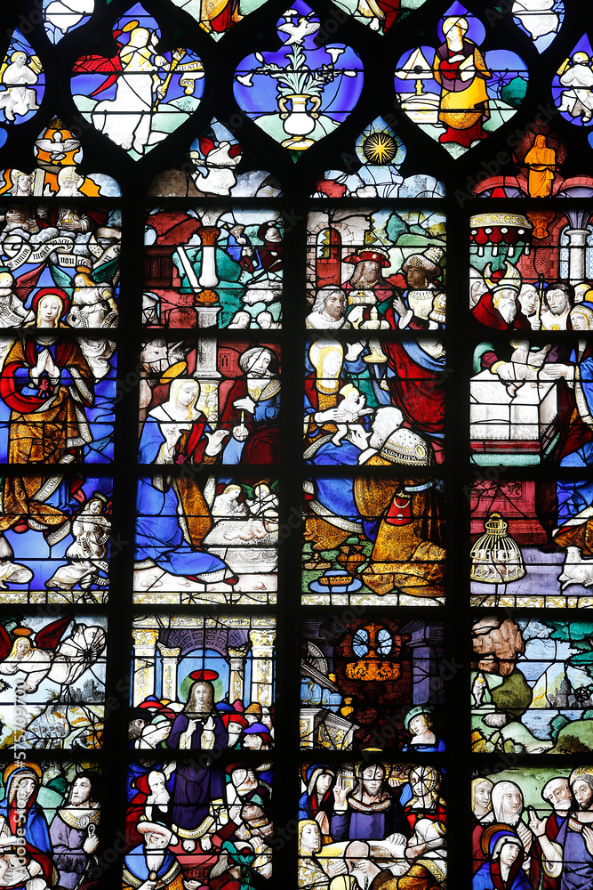 16th-century stained glass windows set in the north wall of Saint Joan of Ark's church, Rouen. France.