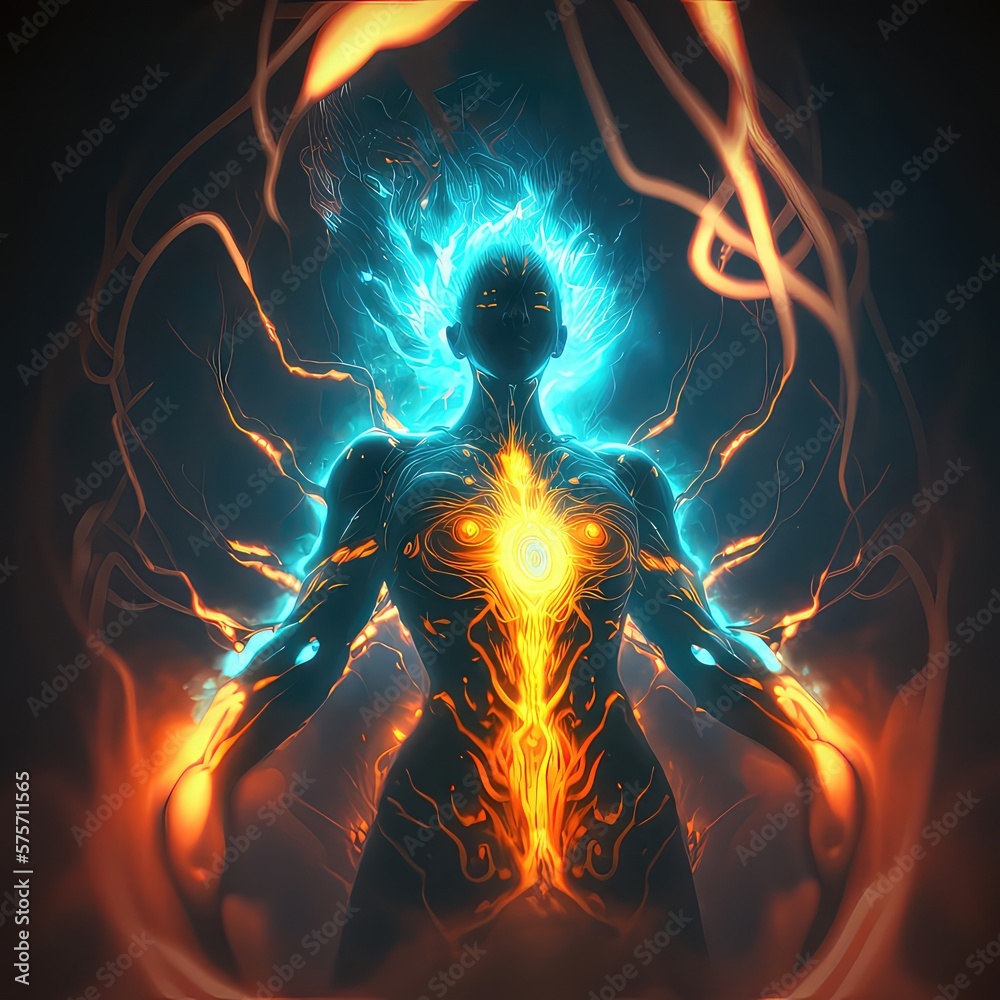 Holographic translucent mystical dance of Shiva surrounded by flames