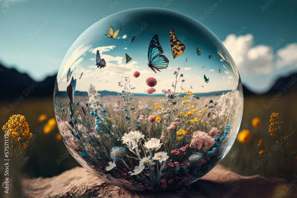 Blick durch eine Glaskugel, Feld mit wilden Blumen und Schmetterlingen,  View through glass sphere, field with wild flowers and butterflies Photos |  Adobe Stock